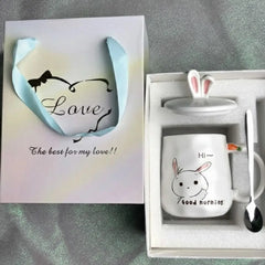 Cute Bunny Porcelain Mug with Lid & Spoon – Adorable Rabbit Coffee & Tea Cup Gift