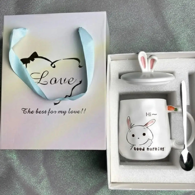 Cute Bunny Porcelain Mug with Lid & Spoon – Adorable Rabbit Coffee & Tea Cup Gift