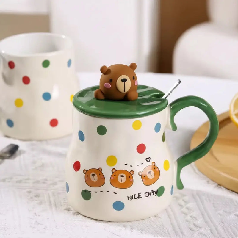 Cute 3D Animal Mug with Lid & Spoon – Bunny Panda Bear Kitty Gift Porcelain Coffee Cup