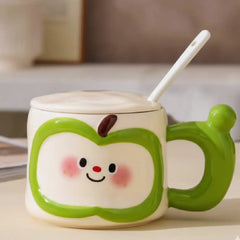 Cute Apple Porcelain Mug with Lid & Spoon – Smiling Fruit Design Coffee & Tea Cup, Premium Gloss Finish