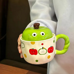 Cute 3D Apple Porcelain Mug Set – Includes Stem Lid and Leaf Spoon