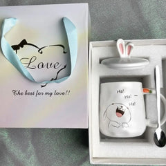 Cute Bunny Porcelain Mug with Lid & Spoon – Adorable Rabbit Coffee & Tea Cup Gift