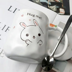 Cute Bunny Porcelain Mug with Lid & Spoon – Adorable Rabbit Coffee & Tea Cup Gift