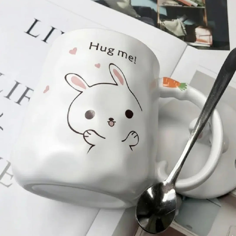 Cute Bunny Porcelain Mug with Lid & Spoon – Adorable Rabbit Coffee & Tea Cup Gift