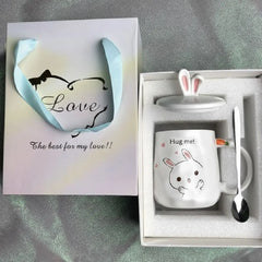 Cute Bunny Porcelain Mug with Lid & Spoon – Adorable Rabbit Coffee & Tea Cup Gift