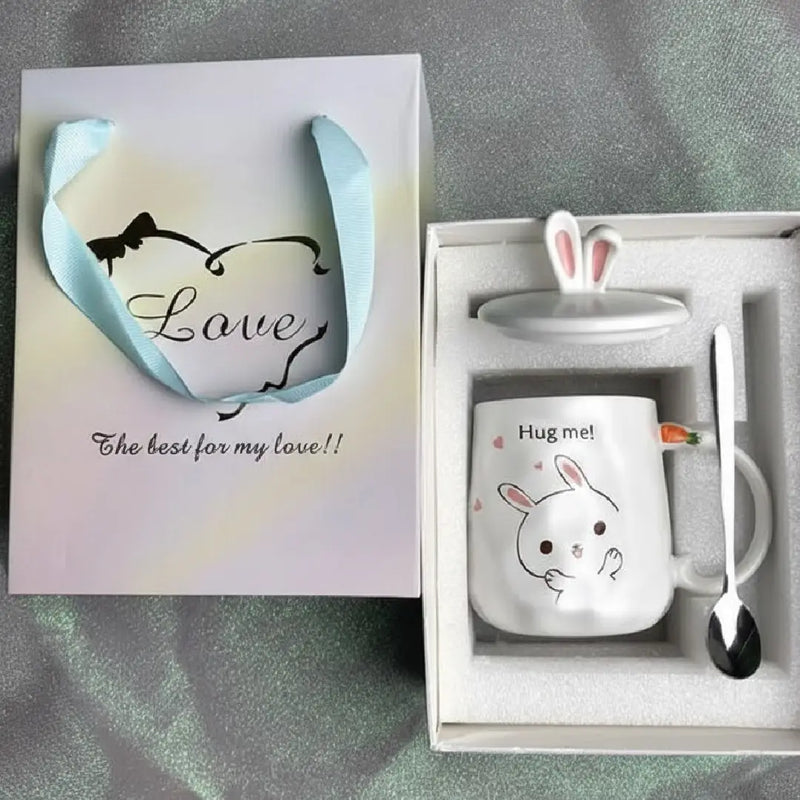 Cute Bunny Porcelain Mug with Lid & Spoon – Adorable Rabbit Coffee & Tea Cup Gift