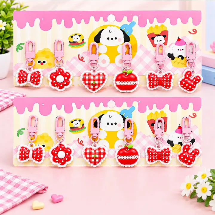 Kawaii Gingham Red Charm Keychain - 6 pcs