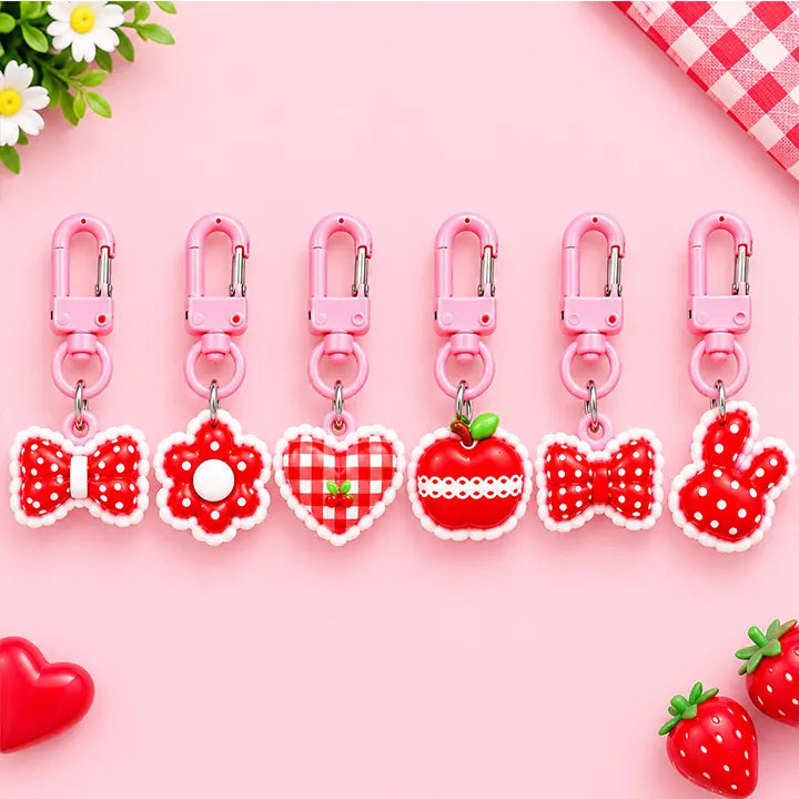 Kawaii Gingham Red Charm Keychain - 6 pcs