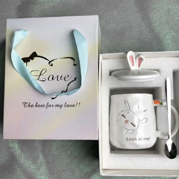 Cute Bunny Porcelain Mug with Lid & Spoon – Adorable Rabbit Coffee & Tea Cup Gift