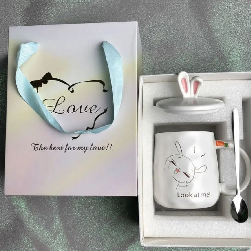 Cute Bunny Porcelain Mug with Lid & Spoon – Adorable Rabbit Coffee & Tea Cup Gift