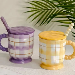 Pastel Porcelain Coffee Mug with Lid & Spoon – Hand-Painted Checkered Design