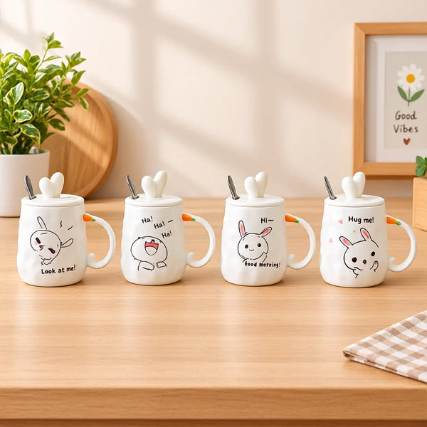 Cute Bunny Porcelain Mug with Lid & Spoon – Adorable Rabbit Coffee & Tea Cup Gift