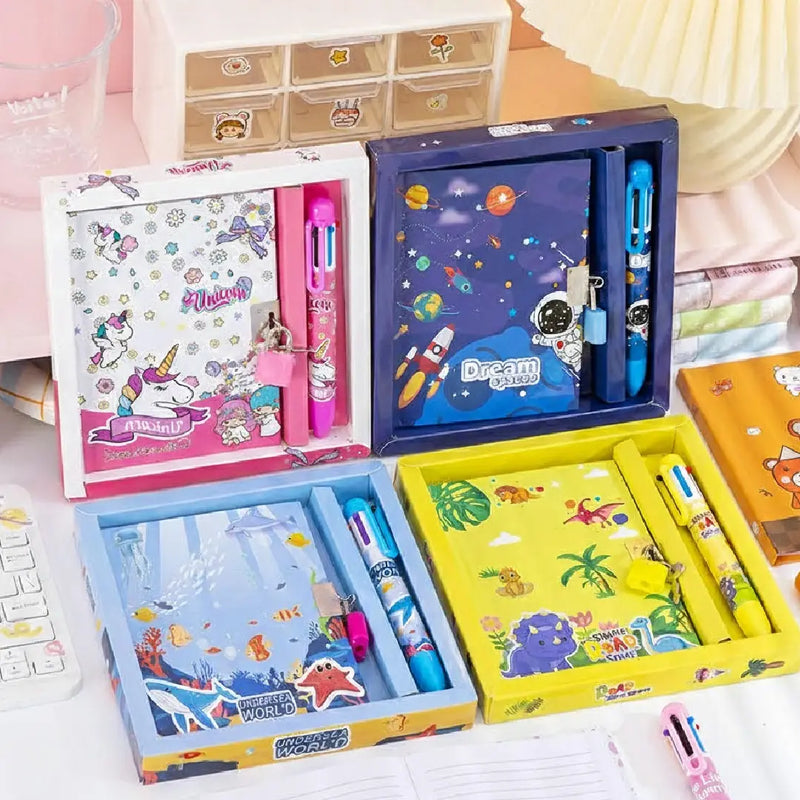 Adorable Locked Diary and 6-Color Shuttle Pen Set
