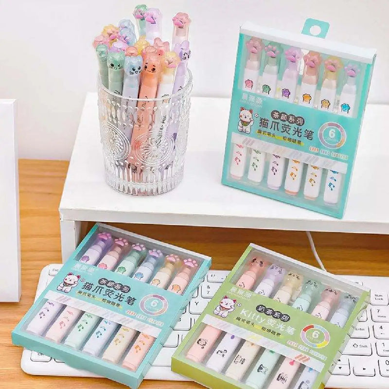Cute Cat Paw Pastel Highlighter 6-Piece Set