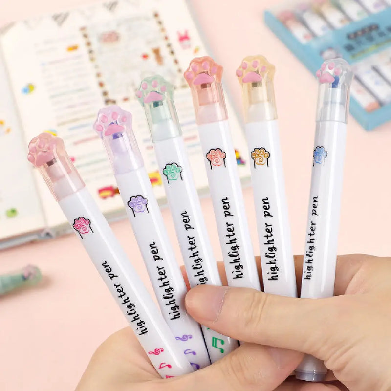 Cute Cat Paw Pastel Highlighter 6-Piece Set