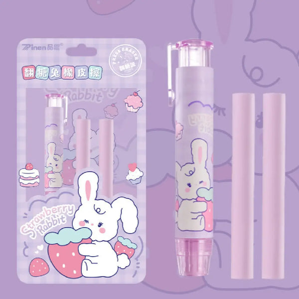 Cute Strawberry Rabbit Press-Type Eraser Set