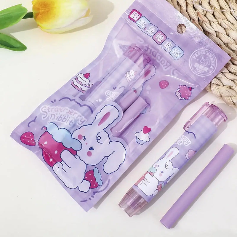 Cute Strawberry Rabbit Press-Type Eraser Set