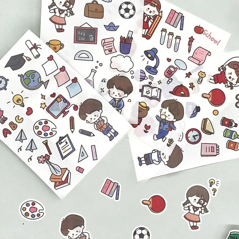 Kawaii DIY Craft Sticker Collection: 4 Unique Sheets of Character & Daily Life Illustrations