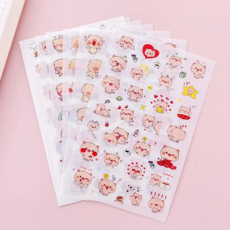 Cute Pink Piglet Sticker Sheet – 6 Premium Transparent Sheet for Journaling