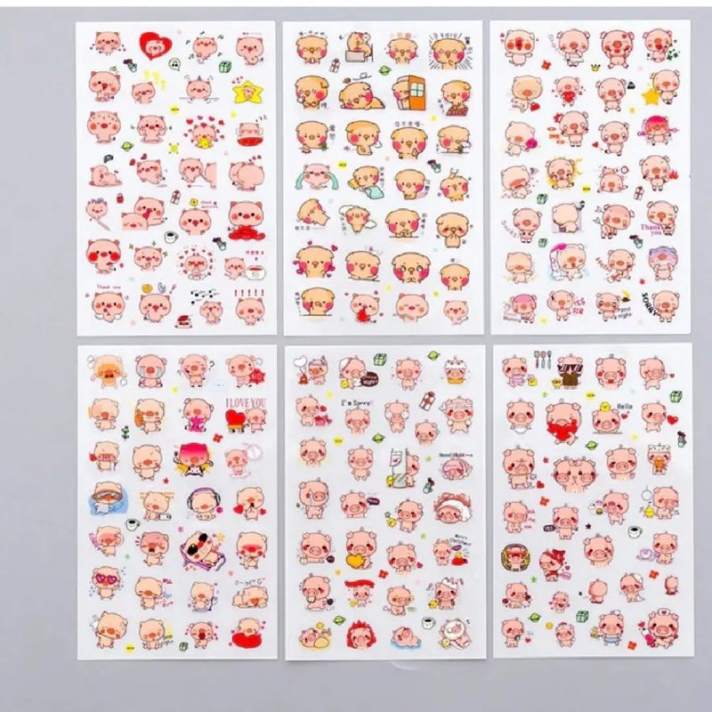 Cute Pink Piglet Sticker Sheet – 6 Premium Transparent Sheet for Journaling