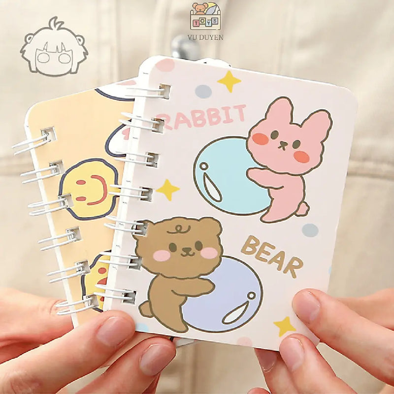 Cute Bear & Rabbit Illustration- Aesthetic A7 Mini Spiral Notepad
