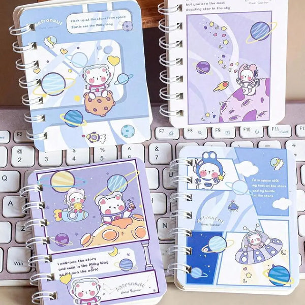 Cute Space Bear Illustration- Aesthetic A7 Mini Spiral Notepad
