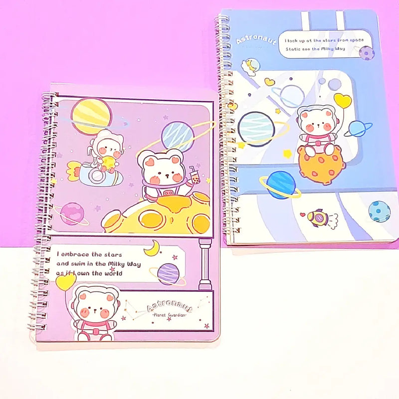 Cute Space Bear Illustration - Aesthetic Cover A5 Spiral Notebook