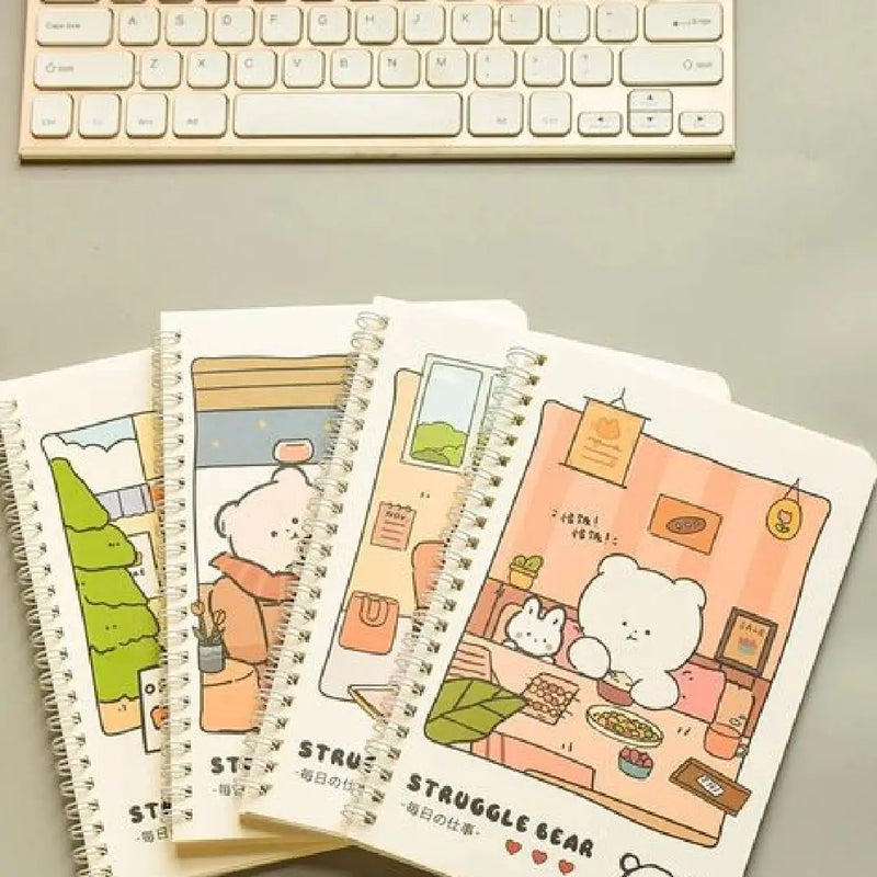 Cute Struggle Bear Illustration - Aesthetic Cover A5 Spiral Notebook
