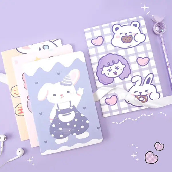 Cute Bear & Rabbit Illustration - Aesthetic Cover A5 Notebook