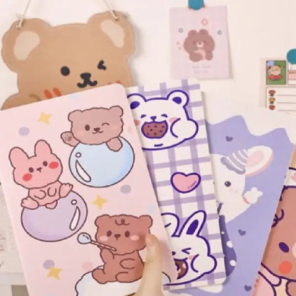 Cute Bear & Rabbit Illustration - Aesthetic Cover A5 Notebook