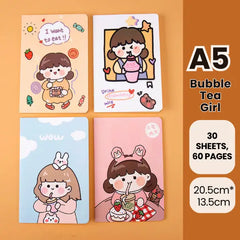 Bubble Tea Girl Illustration - Aesthetic Cover A5 Notebook