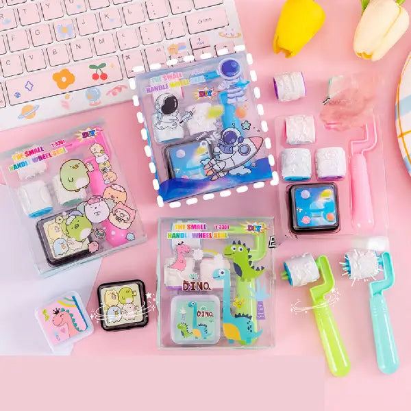 DIY Small Handle Roller Stamp Set – Cute Character Ink Stamp Kit