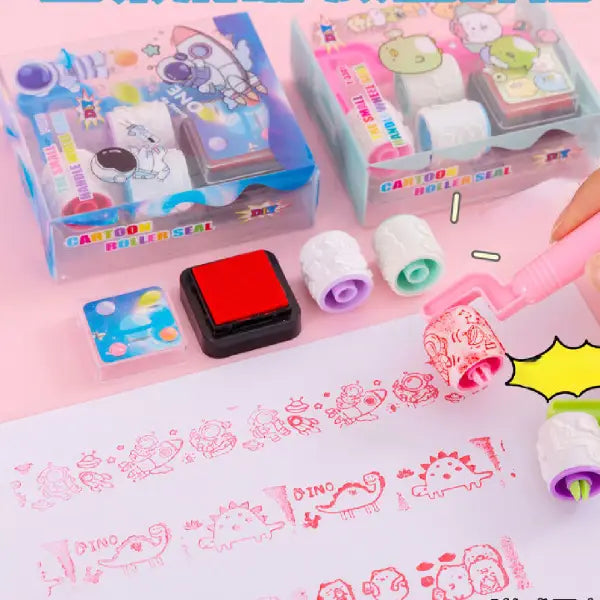 DIY Small Handle Roller Stamp Set – Cute Character Ink Stamp Kit