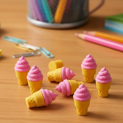 Cute Ice Cream Cone Erasers – 3D Miniature Pink Soft Pencil Erasers