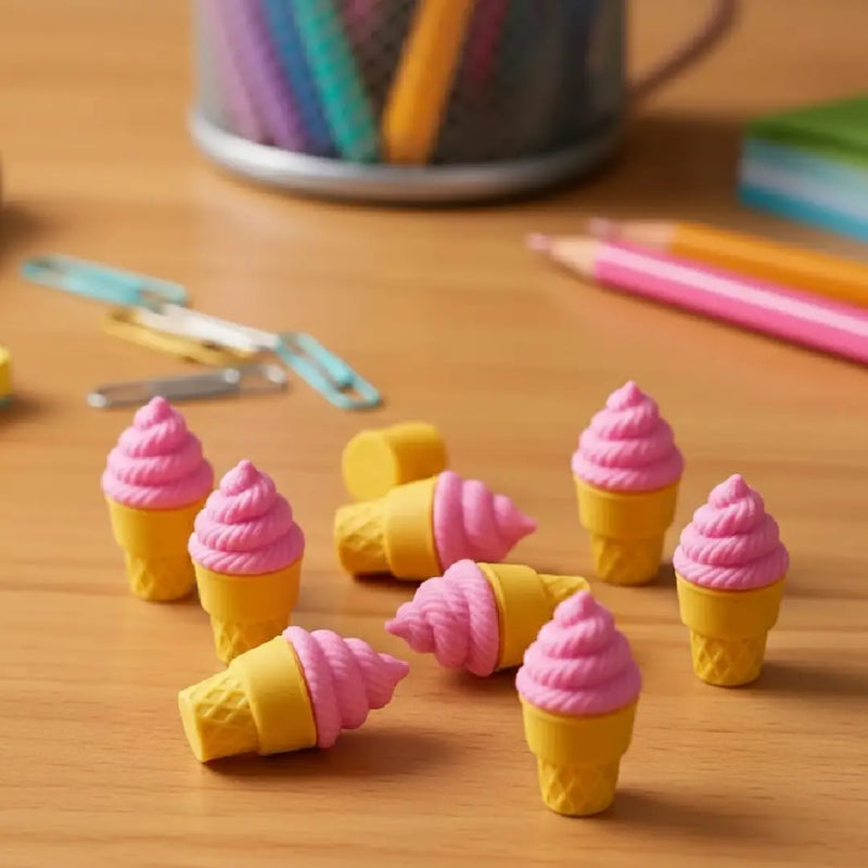 Cute Ice Cream Cone Erasers – 3D Miniature Pink Soft Pencil Erasers