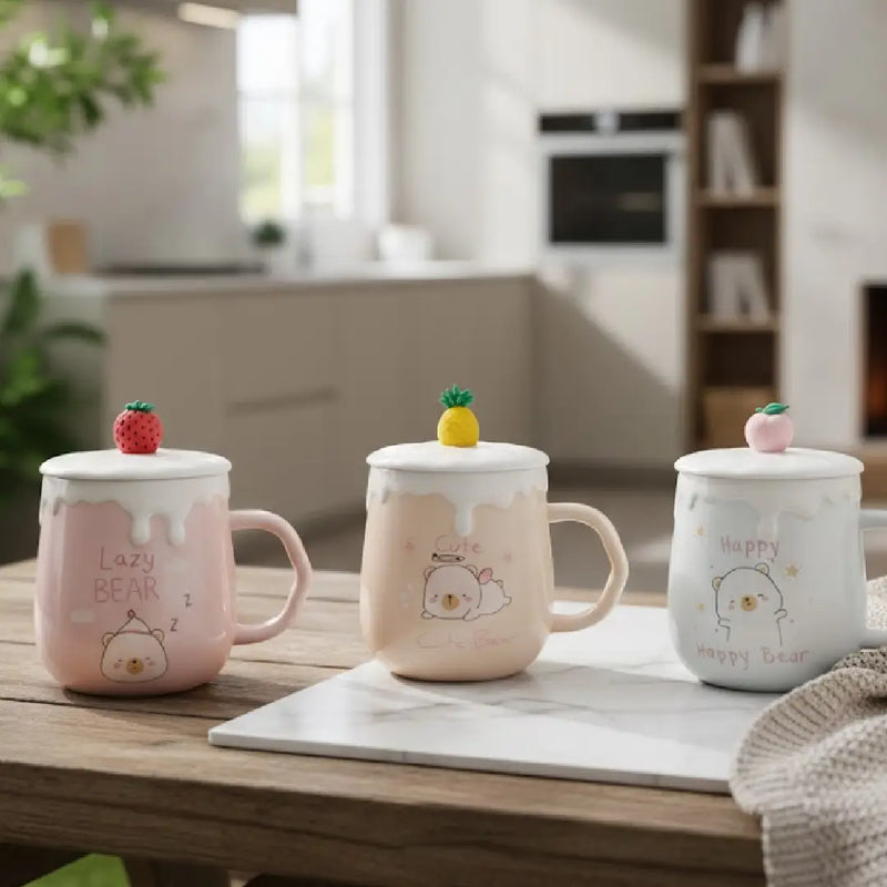 Cute Ceramic Bear Mug with Lid and Fruit Topper Stirring Spoon