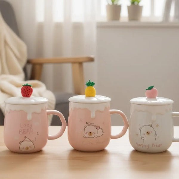 Cute Ceramic Bear Mug with Lid and Fruit Topper Stirring Spoon