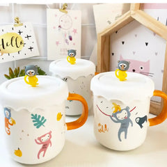 Monkey Print Ceramic Mug with Fun Lid Topper – Coffee & Tea Cup, Perfect Gift
