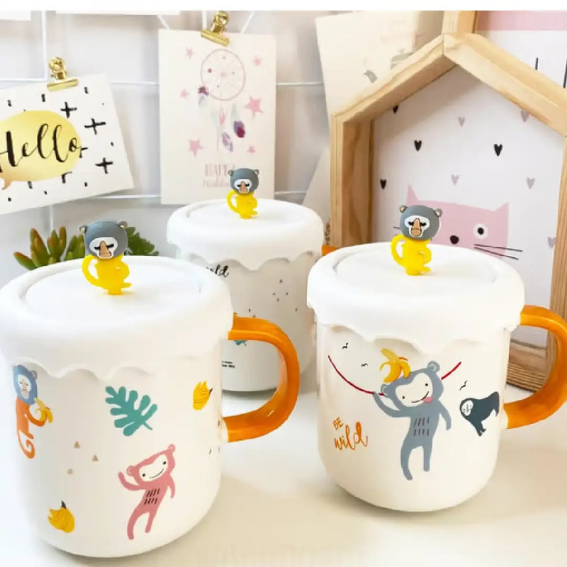 Monkey Print Ceramic Mug with Fun Lid Topper – Coffee & Tea Cup, Perfect Gift