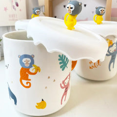 Monkey Print Ceramic Mug with Fun Lid Topper – Coffee & Tea Cup, Perfect Gift
