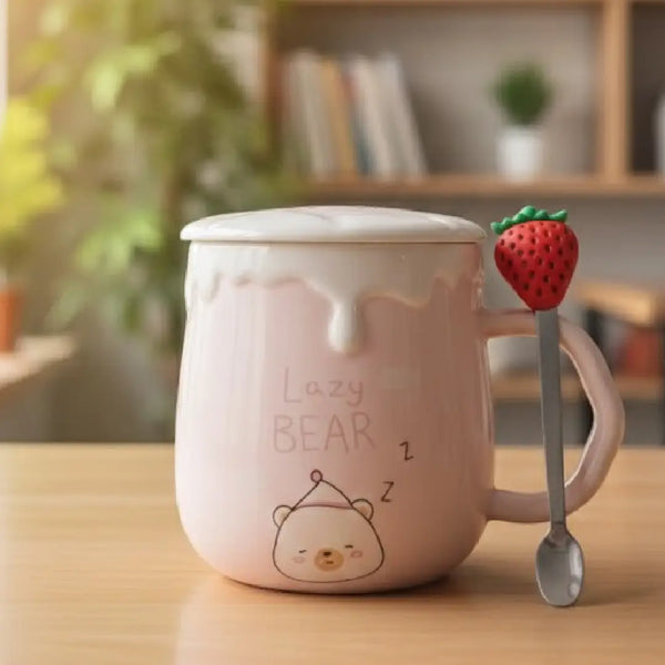 Cute Ceramic Bear Mug with Lid and Fruit Topper Stirring Spoon