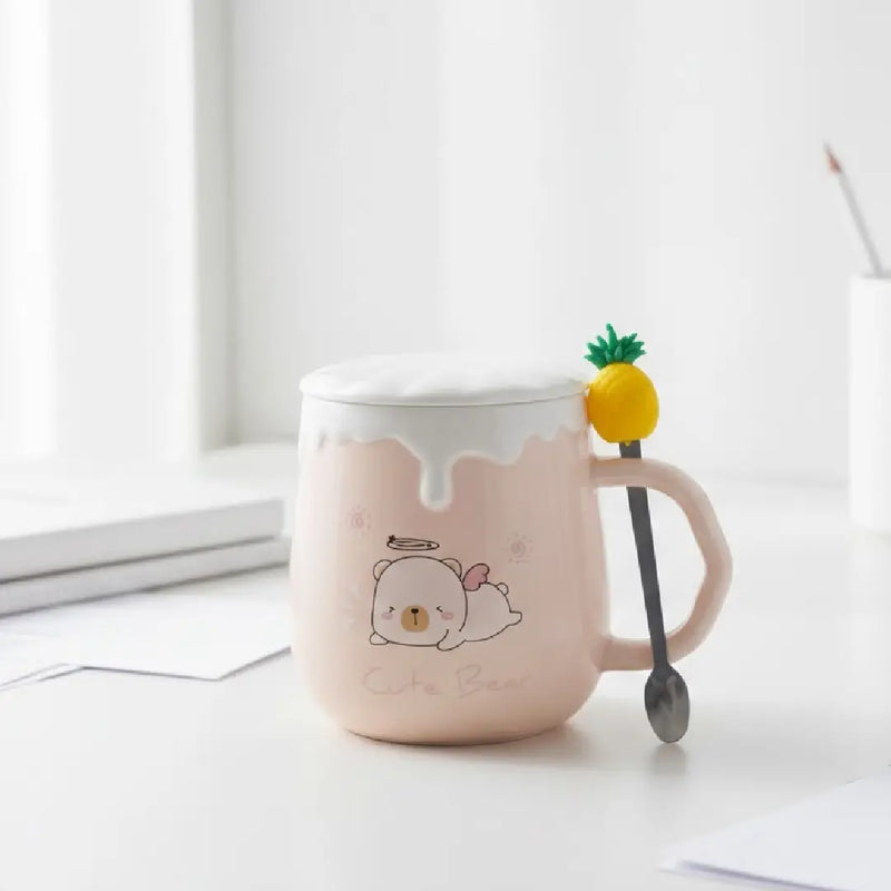 Cute Ceramic Bear Mug with Lid and Fruit Topper Stirring Spoon