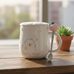 Cute Ceramic Bear Mug with Lid and Fruit Topper Stirring Spoon