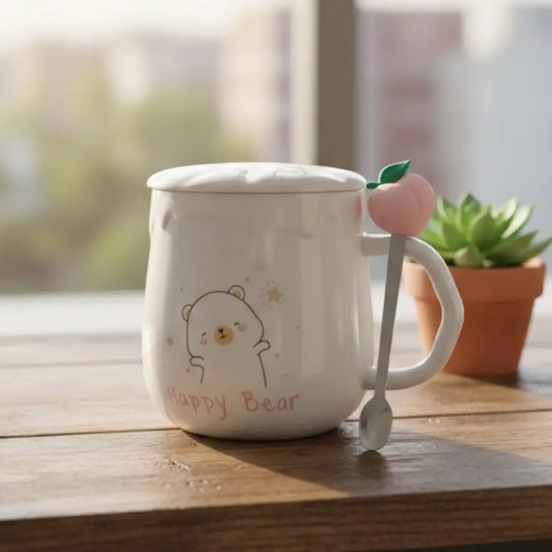 Cute Ceramic Bear Mug with Lid and Fruit Topper Stirring Spoon