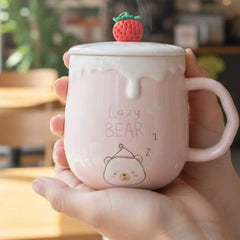 Cute Ceramic Bear Mug with Lid and Fruit Topper Stirring Spoon