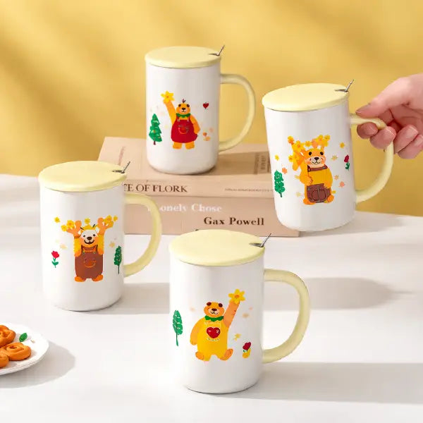 Cute Bear Ceramic Coffee Mug with Lid and Spoon Set