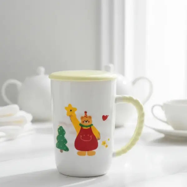 Cute Bear Ceramic Coffee Mug with Lid and Spoon Set