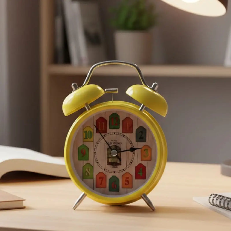Retro Yellow Twin Bell Alarm Clock with Colorful Rustic Dial