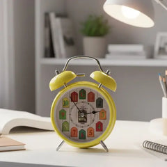 Retro Yellow Twin Bell Alarm Clock with Colorful Rustic Dial