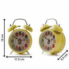 Retro Yellow Twin Bell Alarm Clock with Colorful Rustic Dial